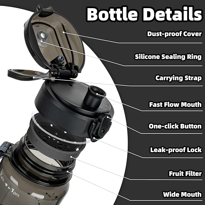 OLDLEY 32 oz Water Bottle, Motivational Water Bottle with Time Marker, Sports Water Bottle With Strap, Leakproof &amp; BPA Free Large Water Bottles for School, Gym, Travel,Tritan, Transparent Black