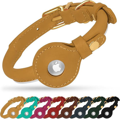 OOPSDOGGY Rolled Leather Dog Collar with Airtag Holder - Reflective Round Airtag Dog Collar - Soft Tracking Pet Collar for Small Dogs Puppy Cats Kitten (Camel, L, 14"-18")