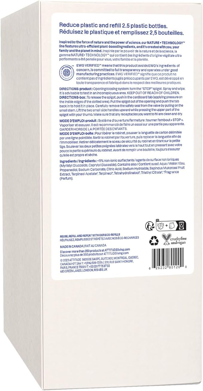 ATTITUDE All-Purpose Cleaner Refill, EWG Verified, Plant-Based &amp; Vegan, Multi-Surface Cleaning Spray, Citrus Zest Scent, 67.6 Fl Oz
