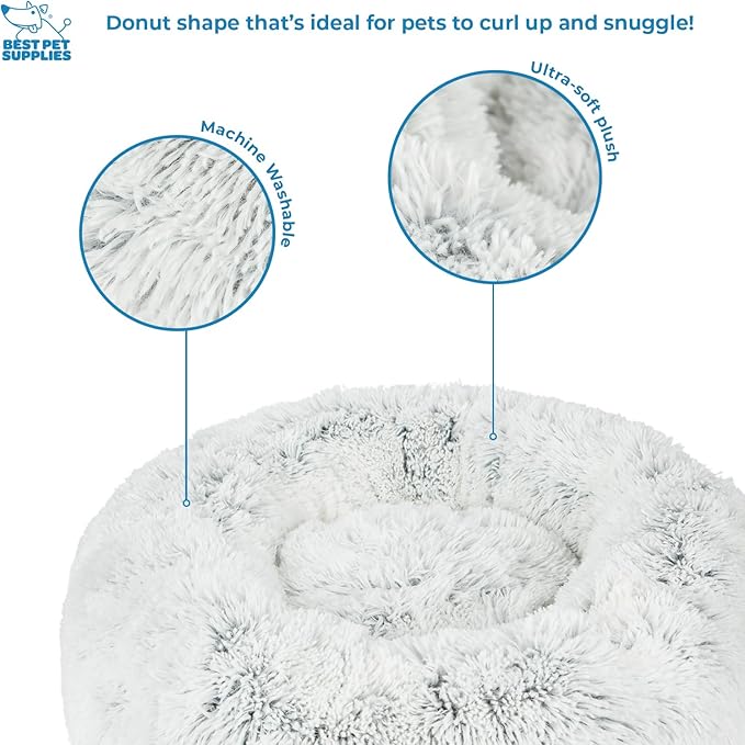 Best Pet Supplies Round Donut Dog Bed with Plush Faux Fur Fabric, Calming, Anti-Anxiety Cushion for Indoor Pets, Slip-Resistant Base, Soft Ergonomic Support - Light Warm Gray, 20x20x6&