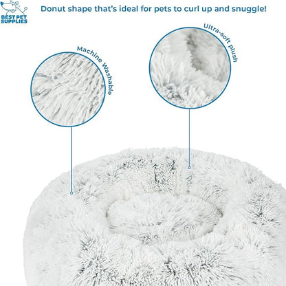 Best Pet Supplies Round Donut Dog Bed with Plush Faux Fur Fabric, Calming, Anti-Anxiety Cushion for Indoor Pets, Slip-Resistant Base, Soft Ergonomic Support - Light Warm Gray, 24x24x7&
