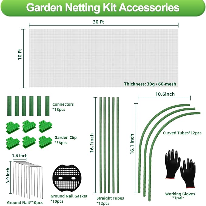 Garden Netting Kit, 10X30 Ft Garden Ultra Fine Mesh Net Bird Barrier Protection with Garden Hoops for Protect Garden Vegetables Flowers Shrubs Fruit Trees Indoors &amp; Outdoors Plant Beds Greenhouse