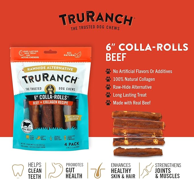 Collagen Rolls - 6" Collagen Rolls for Dogs - Long Lasting Healthy Joint Support Dog Treat - Rawhide Alternative - Skin &amp; Coat Health - Made with Real Beef, 1 Bag, 4 Count