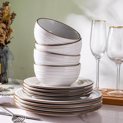 GBHOME Ceramic Dinnerware Sets,18 pcs Embossed Elegant Stoneware Plates and Bowls Sets, Housewarming Wedding Gift | Dishwasher &amp; Microwave Safe | Dishes Set Service for 6