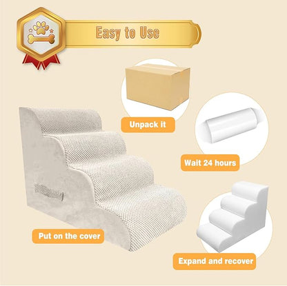 PAWSCART Dog Stairs for Small Dogs and Cats, 4-Step Dog Steps for Bed, 19.6" H Pet Stairs for High Bed, Pet Ramp for Couch, Sofa, Non-Slip Surface Removable Washable Cover, Beige
