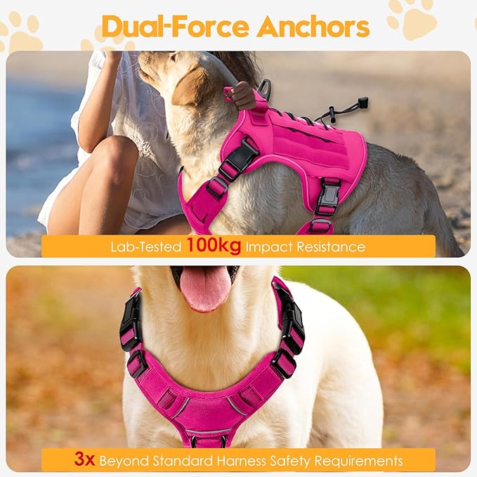 Heavy-Duty Tactical Dog Harness for Large Dogs, No Pull Adjustable Reflective Pet Vest with Molle System, K9 Military-Grade Control for Service Training, Outdoor &amp; 10+ Breeds, Hot Pink, X-Large