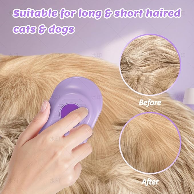 4 in 1 Cat &amp; Dog Steam Brush Kit with 2 Comb Heads - Rechargeable Grooming Brush for Long/Short Hair Shedding, Anti-Static Steam Spray &amp; Foldable Handle, Pet Spa Cleaning Tool (Purple)