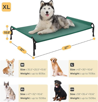 Veehoo Elevated Dog Bed, Outdoor Raised Dog Cots Bed for Large Dogs, Cooling Camping Elevated Pet Bed with Slope Headrest for Indoor and Outdoor, Washable Breathable, X-Large, Green, CWC2204