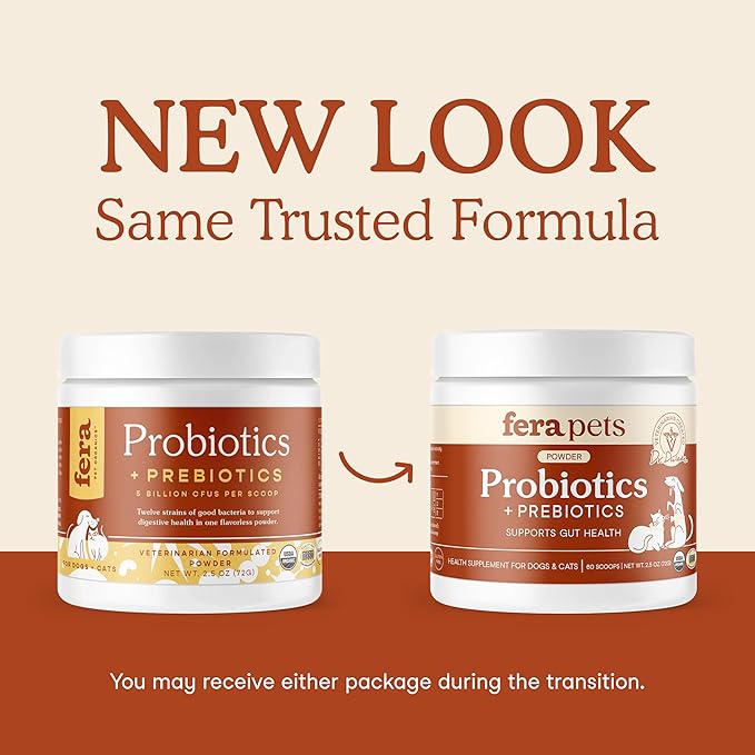 Fera Pets Probiotics for Dogs &amp; Cats with Prebiotics - USDA Organic - Gut Health Powder Supplement with 12 Strains and 5 Billion CFUs - Supports Immunity, Energy and Skin &amp; Coat - 60 Scoops