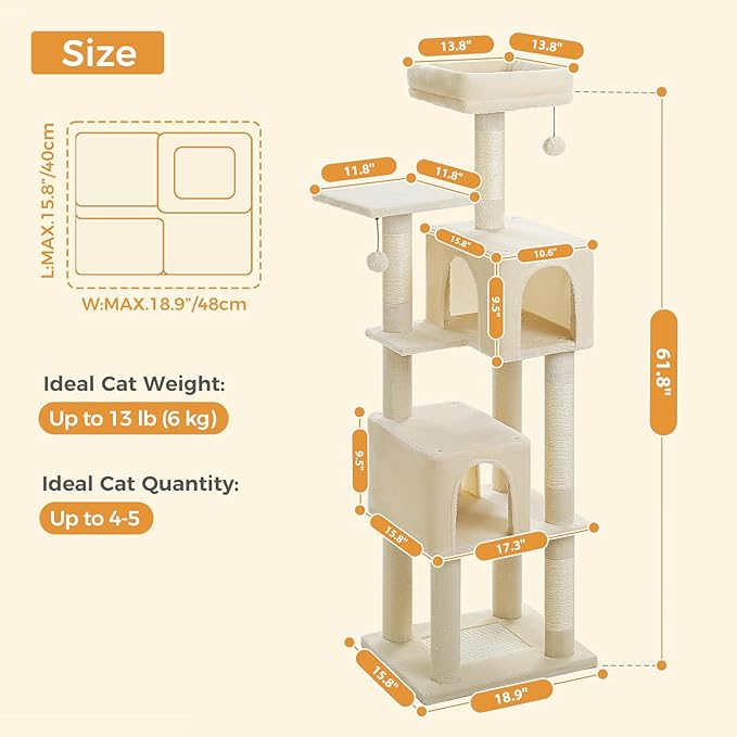 Cat Tree for Indoor Cats, Multi-Level Cat Tower with Sisal Scratching Posts, Padded Platform, Multi-Level Cat Condo w/Soft Bed &amp; Scratching Pad, 2 Pompoms, Sturdy Base, Beige