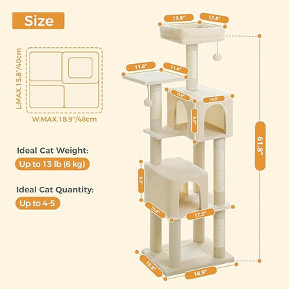 Cat Tree for Indoor Cats, Multi-Level Cat Tower with Sisal Scratching Posts, Padded Platform, Multi-Level Cat Condo w/Soft Bed &amp; Scratching Pad, 2 Pompoms, Sturdy Base, Beige