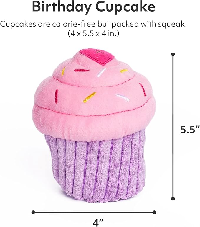 ZippyPaws Birthday Cupcake- Dog Squeaky Toys to Keep Them Busy, Funny Food Plush for Small, Medium, &amp; Large Dogs, Cute Stuffed Puppy Toy, Pet Products, Gift for Dogs of All Breeds, Soft &amp; Cuddly- Pink