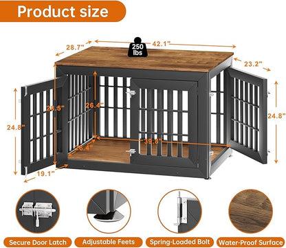 42" Heavy Duty Dog Crate Furniture for Small,Medium and Large Dogs,Rustic Wooden Dog Cage Kennel Indoor Furniture with Waterproof Top,Decorative Pet House Side End Table (Black &amp; Wood)