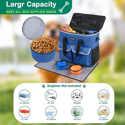 Large Pet Travel Bag Organizer - Dog &amp; Cat Tote with Food Containers, Bowls, Feeding Mat, Perfect for Camping, Hiking (Multi-Pocket Design)