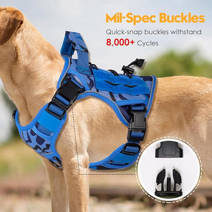 Heavy-Duty Tactical Dog Harness for Large Dogs, No Pull Adjustable Reflective Pet Vest with Molle System, K9 Military-Grade Control for Service Training, Outdoor &amp; 10+ Breeds, Blue Camo, Medium