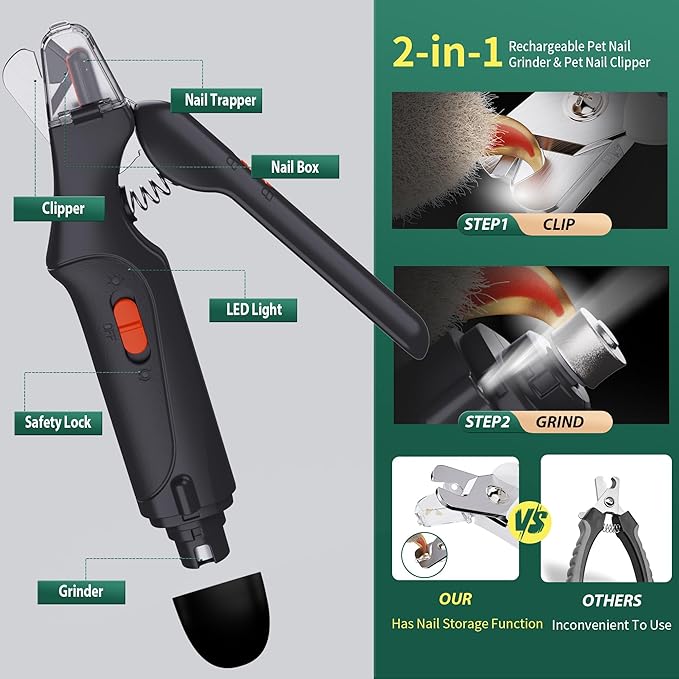 2 in 1 Dog Nail Clippers &amp; Cat Nail Clippers Trimmers for Large Medium Small Dogs Cats Claw Trimmer Quick Sensor and Safety Guard USB Rechargeable Dogs Nail Trimmer with Catcher &amp; 2 LED Lights