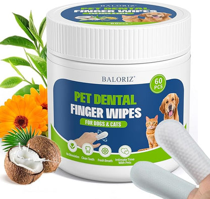 Dog Dental Care Finger Wipes, 60 PCS Teeth Cleaning Wipes for Dogs &amp; Cats, Tooth Brushing Kit Dental Wipes Reduces Plaque &amp; Freshens Breath, Disposable Gentle Cleaning &amp; Gum Care Pet Wipe