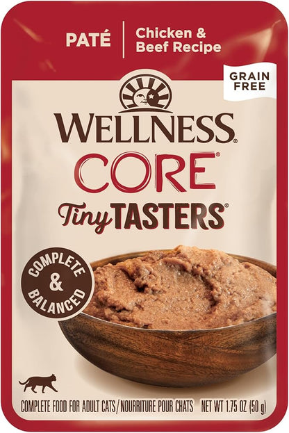 Wellness CORE Tiny Tasters Pate Adult Wet Cat Food, Natural, Protein-Rich, Grain Free, 1.75 Ounce Pouch, 12 Pack (Chicken &amp; Beef)