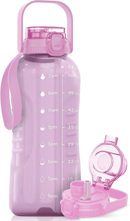AQUAFIT 64 oz Water Bottle with Time Marker - 2in1 Straw &amp; Chug Lid - BPA Free Big Water Bottle with Straw - Gym Water Bottle with Strap - Water Jug (64 Ounces, Purple Haze)