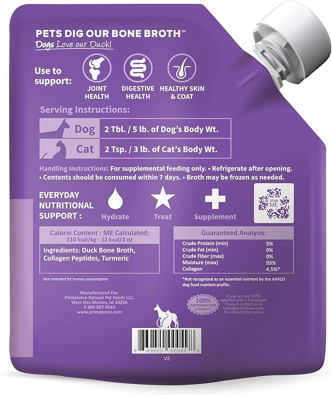 Primalvore All-Natural Duck Bone Broth for Dogs &amp;Cats, Mobility Formula w/Collagen Peptides Supports Hip &amp; Joints, Digestion, Skin&amp;Coat and Hydration, Grain Free, Human Grade, Made in USA. Duck 2 Pack