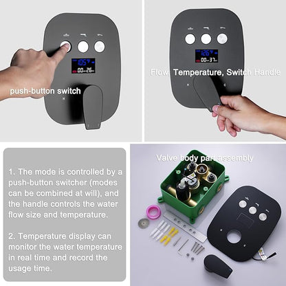 Shower Faucet Set Matte Black Temperature Display Shower System, Push Button Shower Faucet with Dual Rain Shower Head(12 inch+8 inch), and Handheld Shower