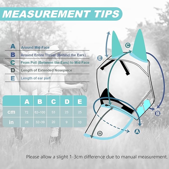 Luminous Horse Fly Mask with Long Nose, Ears, Full Face &amp; Eye Protection - Full Mesh, Detachable Nose Cover, Fleece Padded Edging, Hook-and-Loop Straps with Webbing, Hanging Straps Mint Green