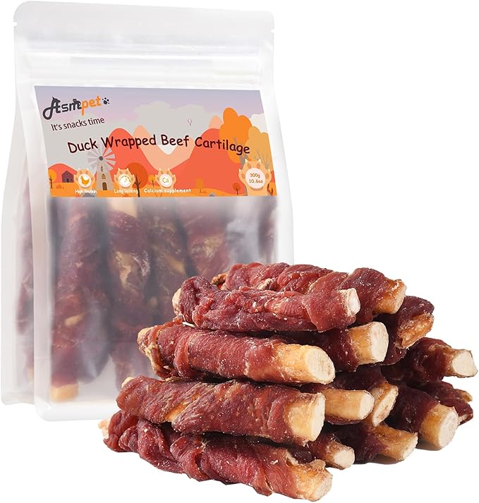 ASMPET Dog Treats, Duck Wrapped Beef Cartilage, Rawhide Free &amp; Grain Free Dog Snacks
