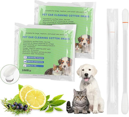 twoworld Pet Ear Swabs,2-in-1 Pet Ear Cleaning Liquid Swabs,Cat &amp; Small Dog Ear Cleaner Swabs,Ear Cleaner Solution for Dogs and Cat for Daily Ear Cleaning Removes Wax, Dirt, &amp; Odor (300)