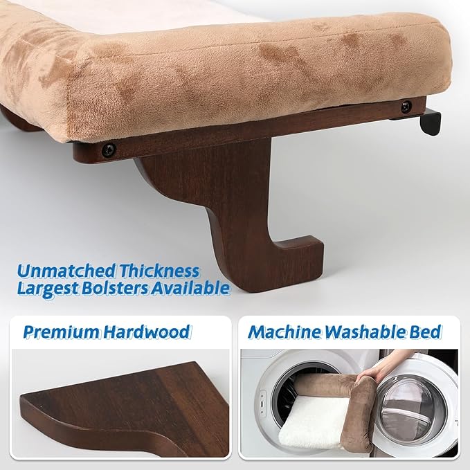 Cat Perch for Window Sill with Bolster - Orthopedic Hammock Design with Premium Hardwood &amp; Robust Metal Frame - Cat Window Seat for Large Cats and Kittens - Dark Stained Wood with Brown Bed