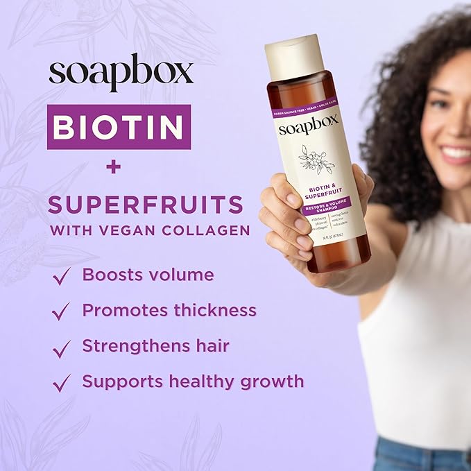 Soapbox Biotin Shampoo, Biotin &amp; Collagen Super Fruit Shampoo for Thin, Fine, Thinning Hair | Volumizing &amp; Repairing to Promote Hair Growth, Strength, Fullness, 1 Liter Pump Bottle