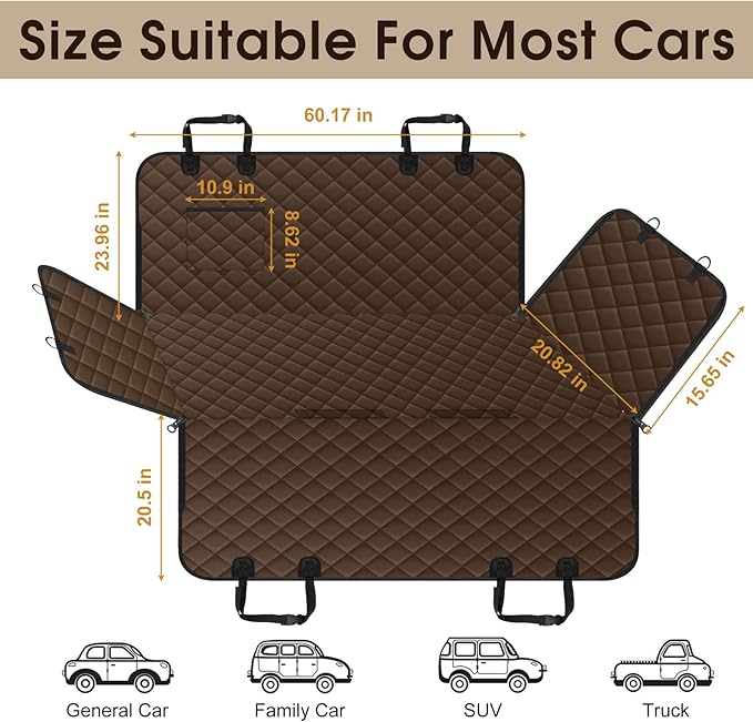 Waterproof Dog Car Seat Cover for Back Seat - Durable, Scratch Proof Pet Hammock with Nonslip Design &amp; Storage Pockets, Fits Cars, SUVs, Trucks - L, Coffee/Black