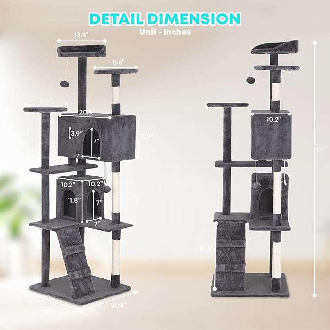 FDW Cat Tree 70in Cat Tower Multi-Level Durable Cat Scratching Post &amp; Cozy Fun Cat Jumping Platform Space Saving Cat Condo Pet Play House for Indoor Cats,Light Gray