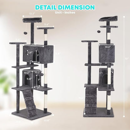 FDW Cat Tree 70in Cat Tower Multi-Level Durable Cat Scratching Post &amp; Cozy Fun Cat Jumping Platform Space Saving Cat Condo Pet Play House for Indoor Cats,Light Gray