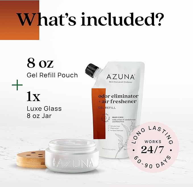 Azuna Air Freshener &amp; Odor Eliminator for Strong Odor | 1 Room Kit Includes (1) Empty Luxe Glass Jar &amp; 8oz Refill with Tea Tree Essential Oil Gel | Sandalwood | Last 60-90 Days