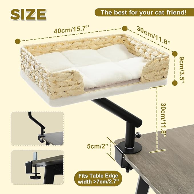 PAWZ Road Cat Desk Bed for Indoor Cats, Wicker Cat Bed for Desk Supports Up to 50 lbs, 360° Rotation &amp; Adjustable Soft Plush Cats Hammock for Desktop, White