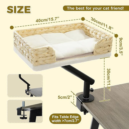 PAWZ Road Cat Desk Bed for Indoor Cats, Wicker Cat Bed for Desk Supports Up to 50 lbs, 360° Rotation &amp; Adjustable Soft Plush Cats Hammock for Desktop, White