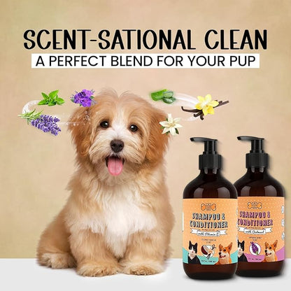 POM Pets 2 Pack 2-in-1 Organic Dog Shampoo &amp; Conditioner – Itchy Skin Relief, Dog Deshedding, Detangles Fur, Cat Shampoo, Paw Cleaner for Dogs, Natural Coat Defense Formula
