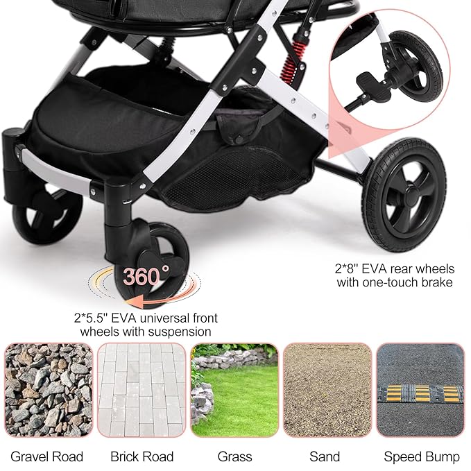Pet Stroller for Medium Small Dog &amp; Cat, Foldable Lightweight Dog Stroller with Storage Basket Pet Travel Carriage with Safety Leashes, 4 Wheel, Black