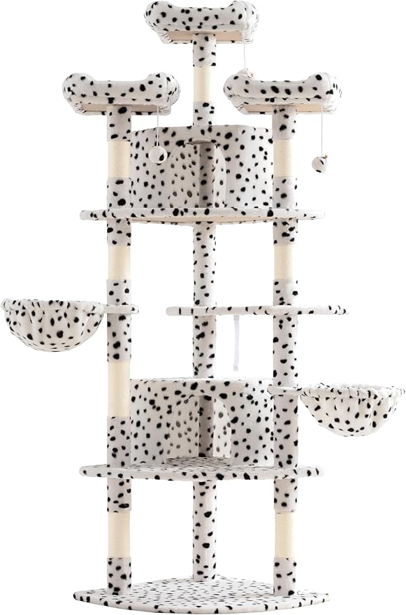 SHA CERLIN 73in Fan-Shaped Corner Cat Tower for Save Space/Multi-Level Tall Tree for Indoor Kitties/Condo with Baskets/Cozy Perches/Sisal Scratching Posts/Pet Activity House/White &amp; Black Spot
