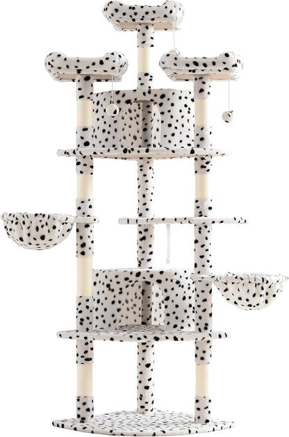 SHA CERLIN 73in Fan-Shaped Corner Cat Tower for Save Space/Multi-Level Tall Tree for Indoor Kitties/Condo with Baskets/Cozy Perches/Sisal Scratching Posts/Pet Activity House/White &amp; Black Spot