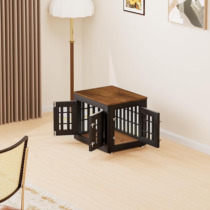 26" Heavy Duty Dog Crate Furniture for Small,Medium and Large Dogs,Rustic Wooden Dog Cage Kennel Indoor Furniture with Waterproof Top,Decorative Pet House Side End Table (Black &amp; Wood)