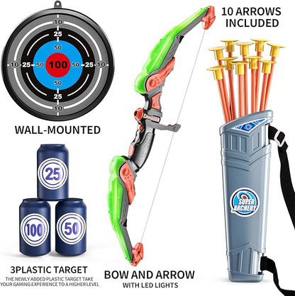 TEMI Bow and Arrow Set for Kids - Archery Toy Set - LED Light Up with Suction Cup Arrows, Target &amp; Quiver, Indoor and Outdoor Toys for Children Boys Girls