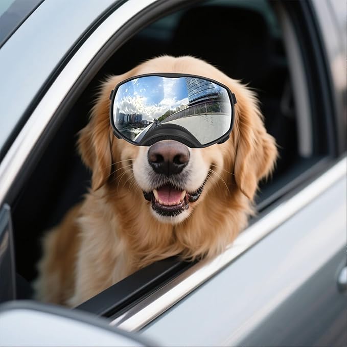 NAMSAN Dog Goggles for Large Dogs, Wide Eyecup &amp; Soft Frame, Anti-UV Sunglasses for Dogs Medium to Large Breed, Driving Dog Eye Protection, Windproof Dustproof, Adjustable, Reflect Silver Lens