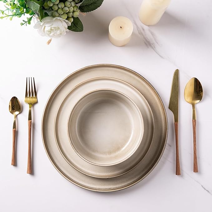 GBHOME Ceramic Dinnerware Sets for 4, 12 Pieces Stoneware Plates and Bowls Sets, Scratch Resistant Dishes, Dishwasher &amp; Microwave Safe, Reactive Glaze-Cappuccino