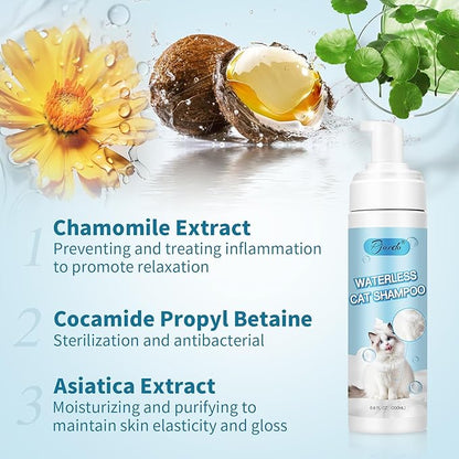 Waterless Cat Shampoo with Brush and Cloth, 6.8 FL OZ Cat Shampoo and Conditioner, Cat Dry Shampoo, No Rinse Formula for Quick Clean, Care for Cats and Kittens with Itching &amp; Sensitive Skin