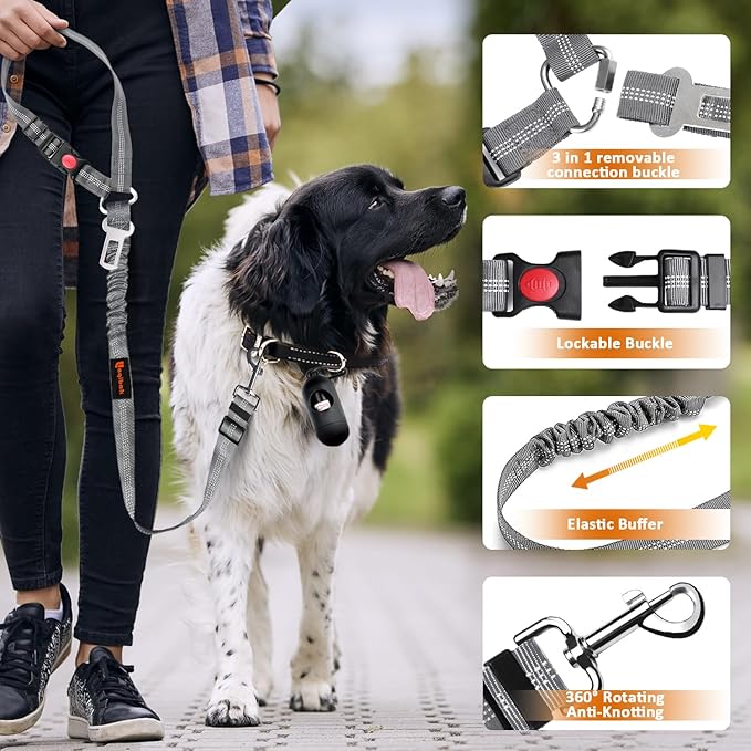 Removable Dog Seat Belt Harness for Car, 3 in 1 Pet Dog Car Seatbelt Leash, Retractable Restraint Secures to Vehicle Headrest &amp; Adjustable Reflective Bungee Dog Seatbelt Tether, Grey