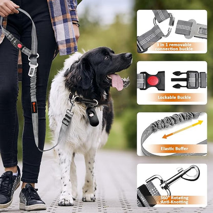Removable Dog Seat Belt Harness for Car, 3 in 1 Pet Dog Car Seatbelt Leash, Retractable Restraint Secures to Vehicle Headrest &amp; Adjustable Reflective Bungee Dog Seatbelt Tether, Grey