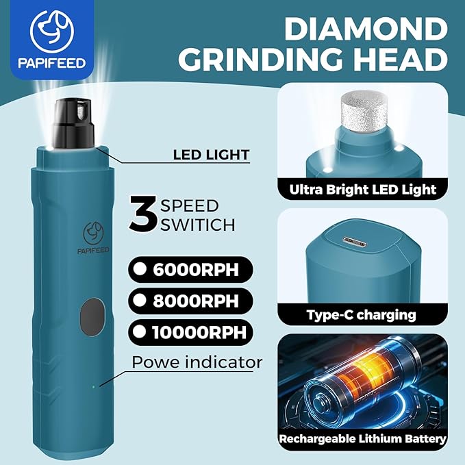 PAPIPAFFEED Dog Nail Grinder Upgraded with 2 LED Lights, 3-Speed Rechargeable &amp; Quiet - Upgraded Electric Pet Nail Trimmer for Small Medium Large Dogs &amp; Cats, Painless Paws Grooming Tool - Blue