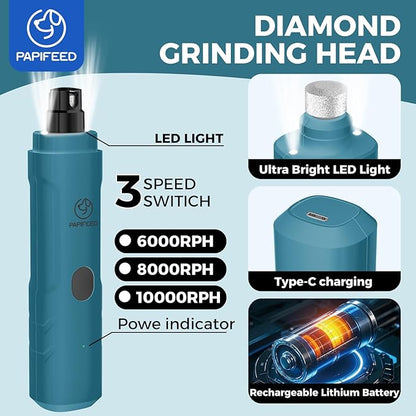 PIPAFFEED Dog Nail Grinder Upgraded with with Dog Nail Trimmers,2 LED Lights, 3-Speed Rechargeable &amp; Quiet - Upgraded Electric Pet Nail Trimmer, Painless Paws Grooming Tool-Bule