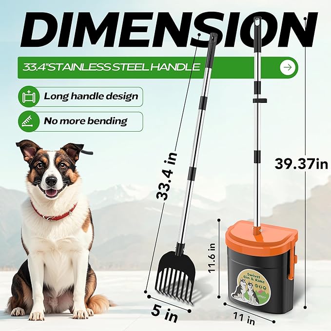 UPSKY Dog Pooper Scooper Swivel Bin &amp; Rake Kit with 100 Waste Bags,33.4" Stainless Steel Long Handle Heavy Duty Pet Poop Shovel for Large Medium Small Dogs, Odor-Proof Lid for Yard/Lawn/Outdoor Use